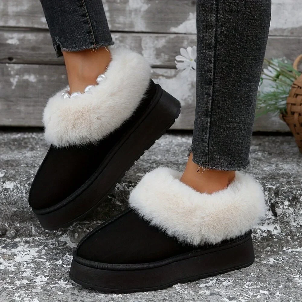 Black Casual Women's Thick Flat Suede Shearling Slippers